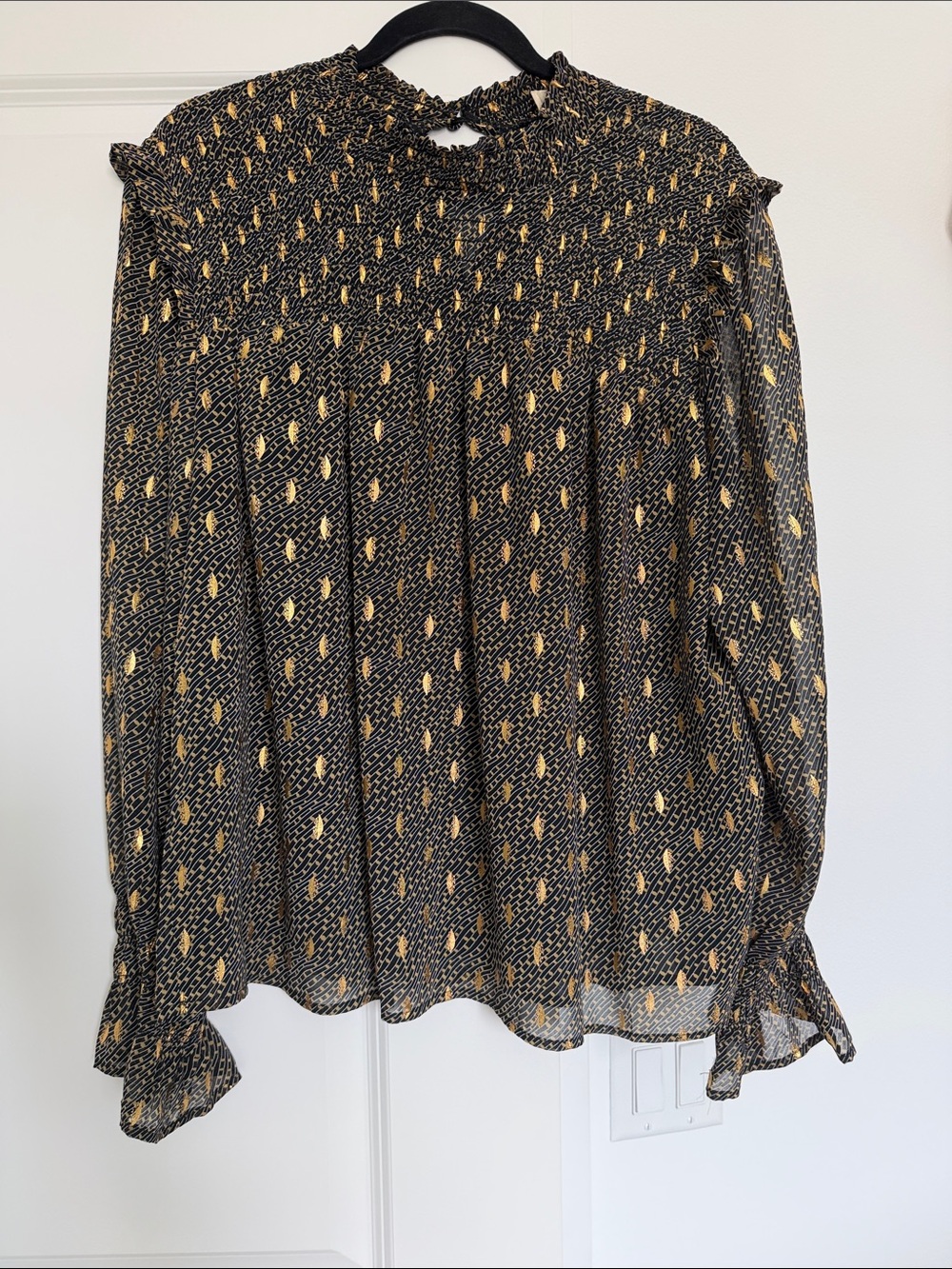 MELLODAY Black Blouse with Gold Dot Print and Ruffle Details